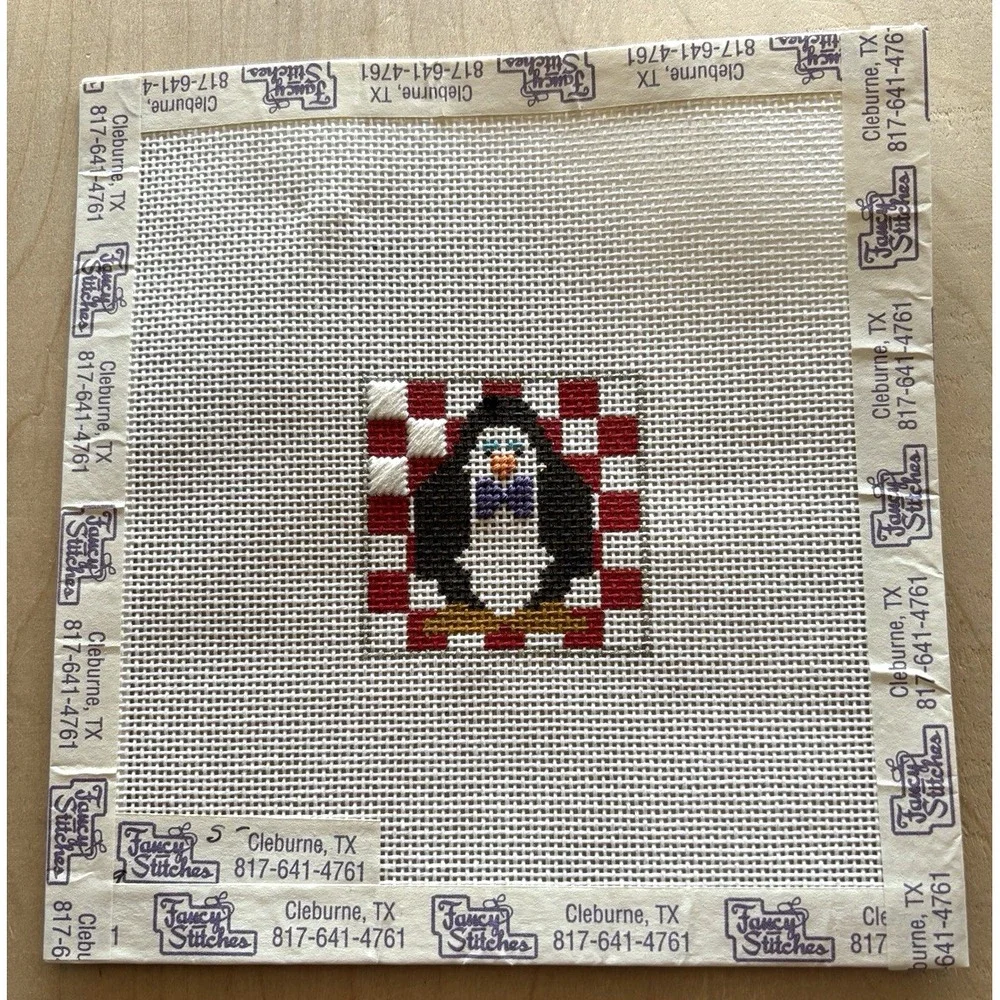 Needlepoint Canvas Handpainted Penguin Red Checkerboard Mini 6 1/2 x 7
